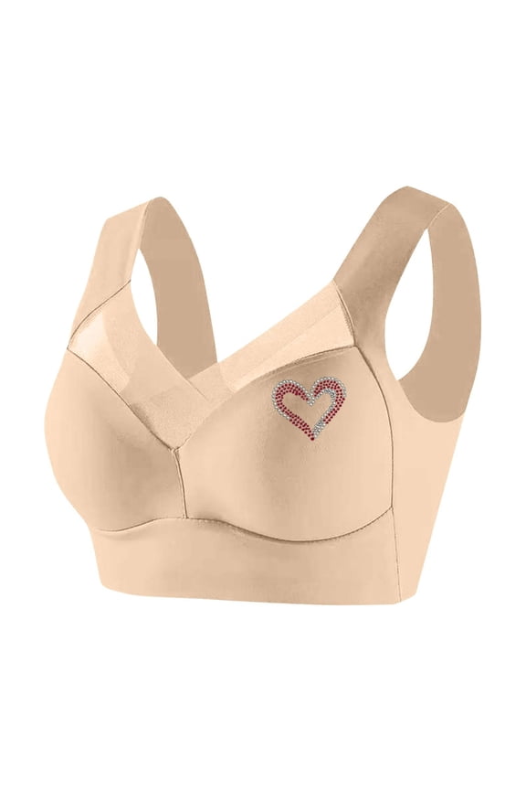 Women's Thin V Neck Wireless Bra Rhinestone Heart Decor Wide Strap Side Support Comfort Bra