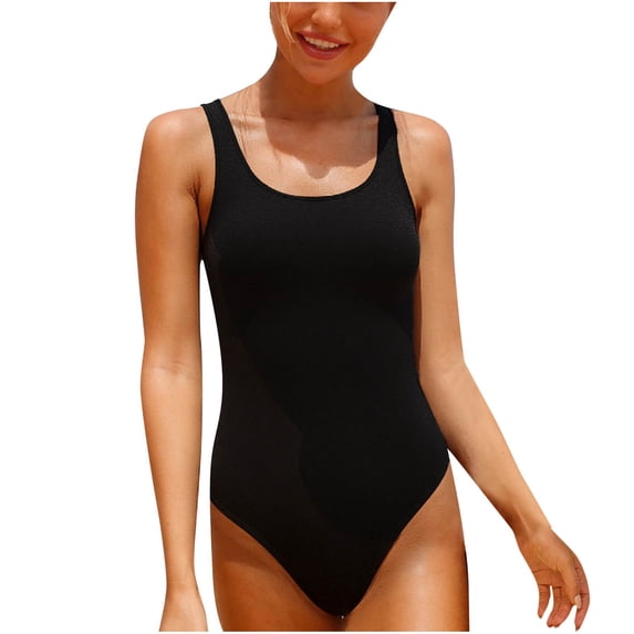 Yuanlook Women's Tummy Control One Piece Swimsuit Solid U Neck Low Back Bathing Suit Size S-XXL