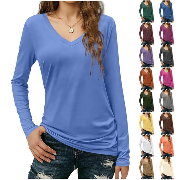 Yuanlook Women's Tunic Tops Long Sleeve Comfy V Neck Basic Tee Casual Loose Fit Soft Fall Blouses S-XXL