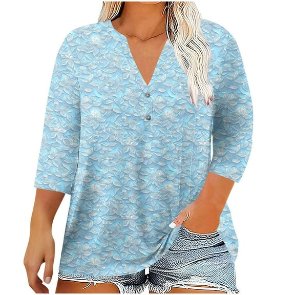 Yuanlook Women's V Neck Blouse 3/4 Sleeve Loose Top Shirt Business Casual Lightweight Tee for Women - Light Blue - L