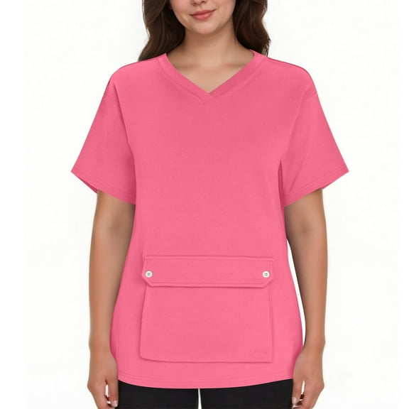 Yuanlook Women's V-Neck Scrub Tops with Big Front Pocket,Comfortable Stretch Short Sleeve Working Uniform Summer Nursing Tops for Women S-XXL