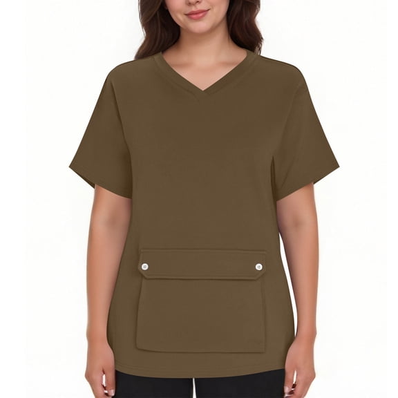 Yuanlook Women's V-Neck Scrub Tops with Big Front Pocket,Comfortable Stretch Short Sleeve Working Uniform Summer Nursing Tops for Women S-XXL