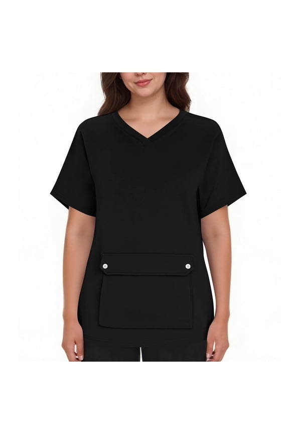Women's V-Neck Scrub Tops with Big Front Pocket,Comfortable Stretch Short Sleeve Working Uniform Summer Nursing Tops for Women S-XXL