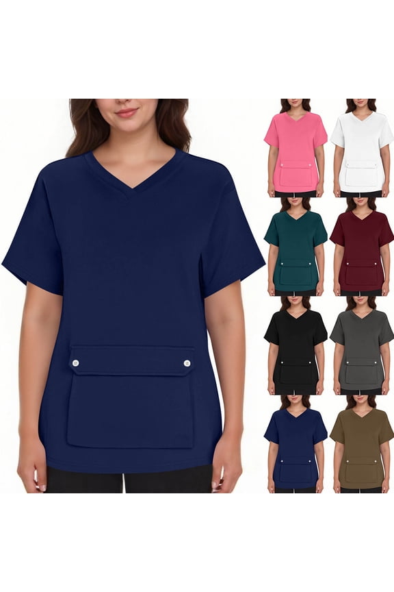 Women's V-Neck Scrub Tops with Big Front Pocket,Comfortable Stretch Short Sleeve Working Uniform Summer Nursing Tops for Women S-XXL