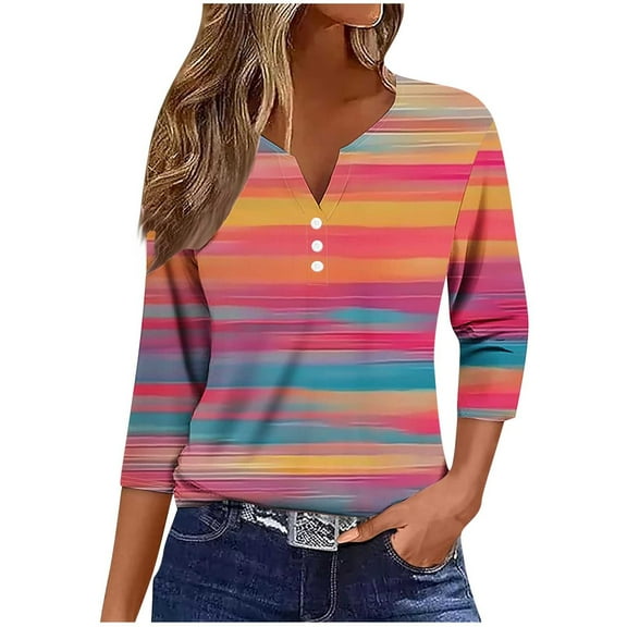 Yuanlook Women's V-Neck Tops,3/4 Sleeve Shirts Dressy Casual Tunic Blouses Business Work Tees Summer Fall Clothes - Hot Pink - M