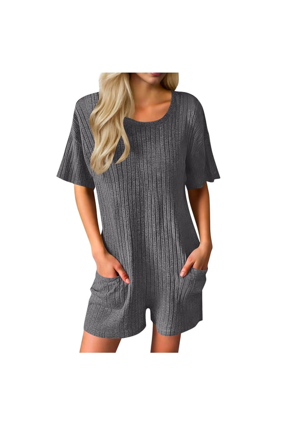 Women's Vacation-Ready Romper, Ribbed Crisscross Backless Jumpsuit with Pockets, S-XXL