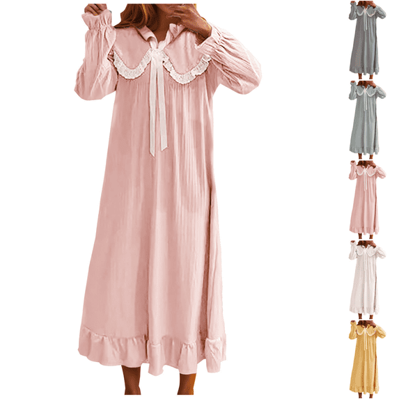 Yuanlook Women's Vintage Sleep Dress, Long Sleeve Lace Trim Collar Bow Front Ruffle Hem Maxi Nightgown M-XXL