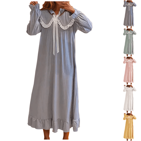 Yuanlook Women's Vintage Sleep Dress, Long Sleeve Lace Trim Collar Bow Front Ruffle Hem Maxi Nightgown M-XXL