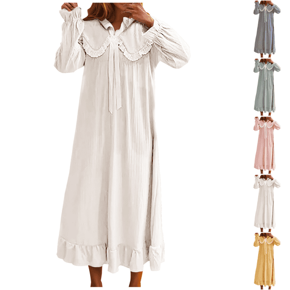 Yuanlook Women's Vintage Sleep Dress, Long Sleeve Lace Trim Collar Bow Front Ruffle Hem Maxi Nightgown M-XXL
