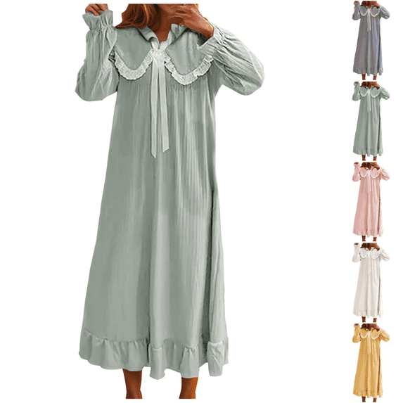 Yuanlook Women's Vintage Sleep Dress, Long Sleeve Lace Trim Collar Bow Front Ruffle Hem Maxi Nightgown M-XXL