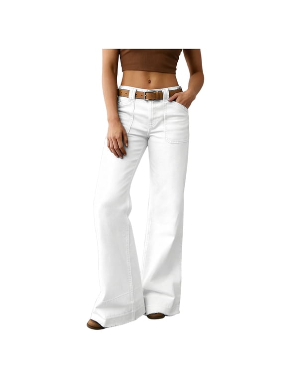 Women's Washed Denim Wide Leg Trousers, High Rise Front Patch Pockets Raw Hem Casual Jeans S-XXXL