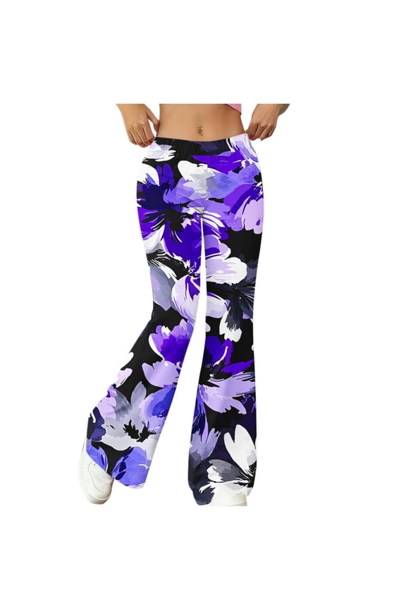 Women's Watercolor Floral Print Flare Pants, Elastic High Waist Bell Bottom Trousers with Hand Pockets, S-XXL