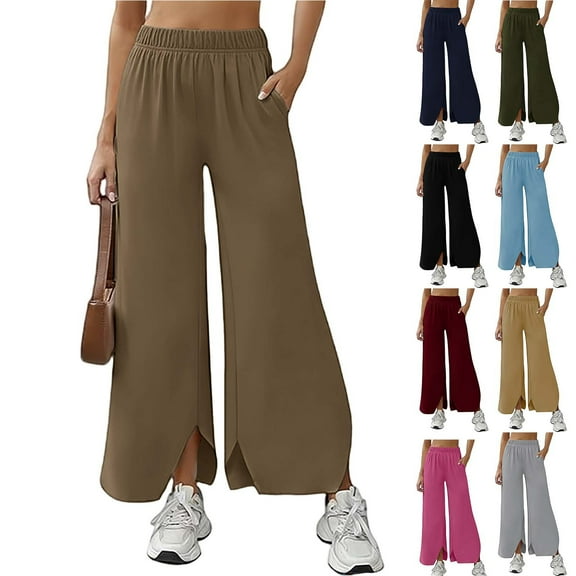 Yuanlook Women's Wide Leg Lounge Pants Split Hem Casual Baggy High Waisted Sweatpants with Pockets S-XXL