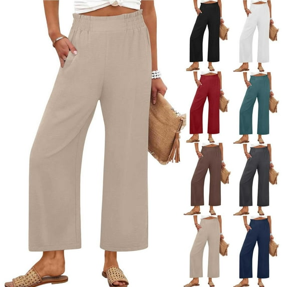 Yuanlook Women's Wide Leg Palazzo Pants Summer Beach High Waisted Cropped Flowy Pants 2026 Dressy Casual Trousers with Pockets S-XXL