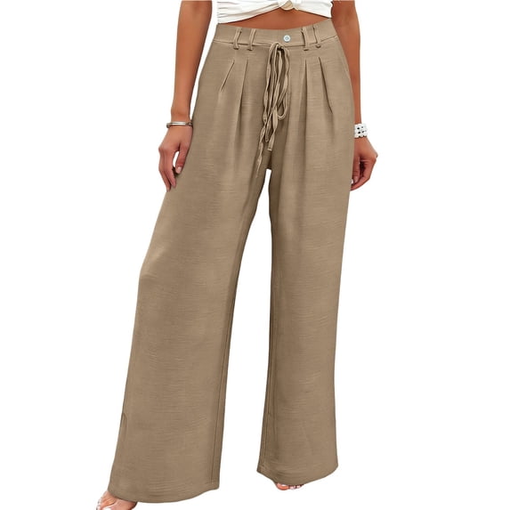 Yuanlook Women's Wide Leg Pants, Crinkle Fabric with Single-Button & Drawstring Waist, S-XXL