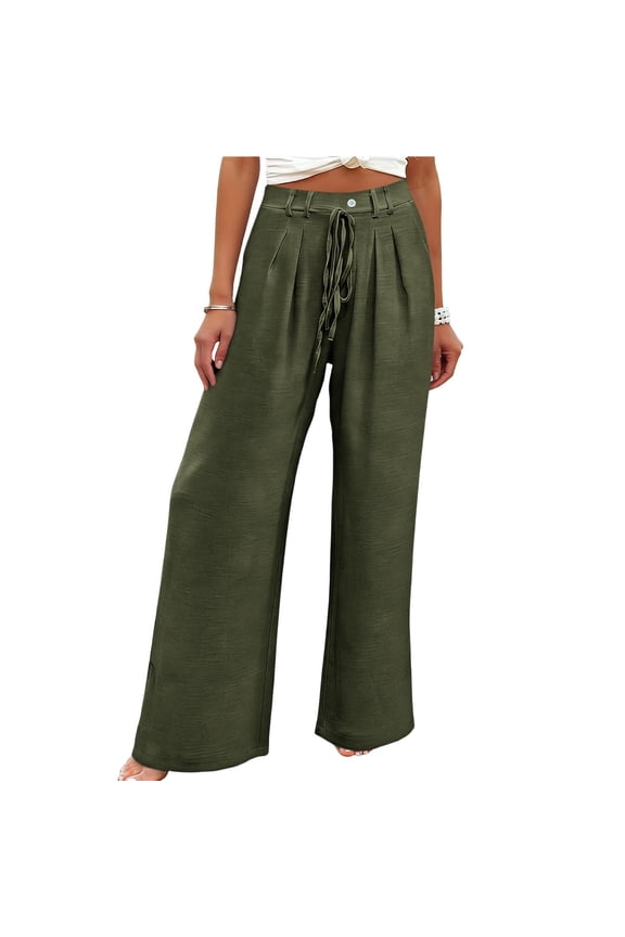Women's Wide Leg Pants, Crinkle Fabric with Single-Button & Drawstring Waist, S-XXL