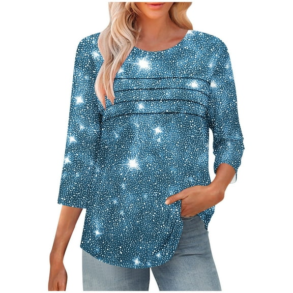 Yuanlook Womens 3/4 Length Sleeve Tops Casual Loose Fit Tunic Shirts Crewneck Basic Tees - Blue - M