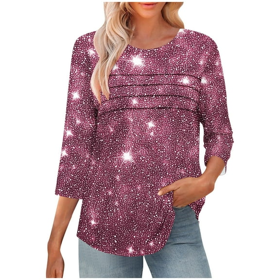 Yuanlook Womens 3/4 Length Sleeve Tops Casual Loose Fit Tunic Shirts Crewneck Basic Tees - Hot Pink - XXL