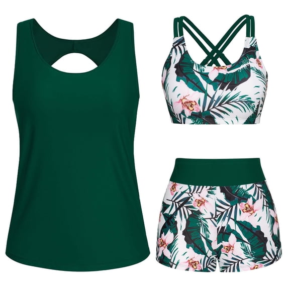Yuanlook Womens 3 Piece Swimsuit Set, Bikini Tank Top Floral Print Cover Up for Beach Vacation Pool Summer Size S-XXXL