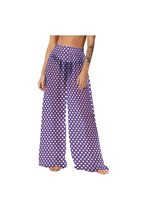 Womens Beach Cover Up Pants Wide Leg Sheer High Waisted Drawstring Beach Pants Coverup - Purple - S