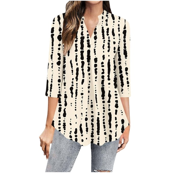 Yuanlook Womens Business Casual,3/4 Length Sleeve Tops V Neck Tunic Dressy Blouse Printed T Shirts - Beige - S