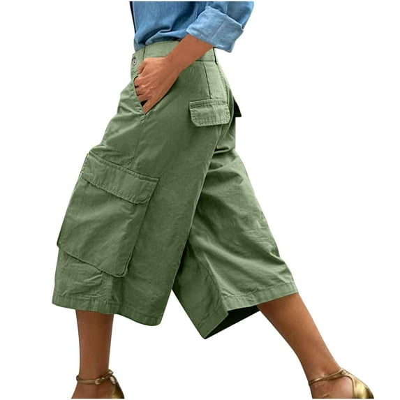 Yuanlook Womens Capris Wide Leg Casual Pants Solid Color Bermuda Short Palazzo Trousers with Pockets - Green