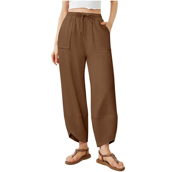 Yuanlook Womens Casual Baggy Harem Pants,Wide Leg Drawstring Lounge Elastic Waisted Palazzo with Pockets - Brown - S