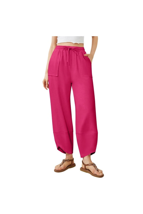 Womens Casual Baggy Harem Pants,Wide Leg Drawstring Lounge Elastic Waisted Palazzo with Pockets - Hot Pink - S
