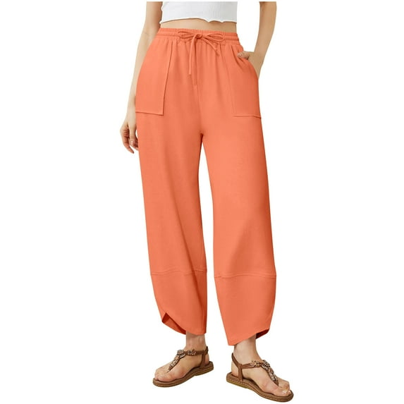 Yuanlook Womens Casual Baggy Harem Pants,Wide Leg Drawstring Lounge Elastic Waisted Palazzo with Pockets - Orange - S
