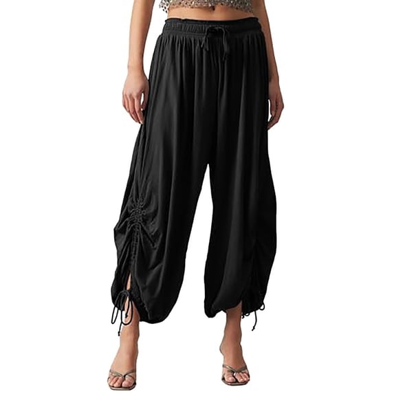 Yuanlook Womens Casual Palazzo Capris Baggy Wide Leg Pants Casual Elastic Waisted Harem Pants with Pockets - Black - S