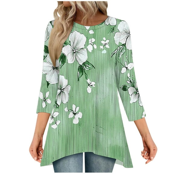 Yuanlook Womens Casual Tops,3/4 Sleeve T-Shirt Round Neck Cute Tops Loose Fit Basic Tees Blouses - Green - M