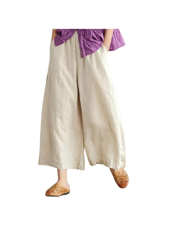 Womens Cotton Linen Wide Leg Culottes High Waisted Elastic Waist Casual Pants Size M-4XL