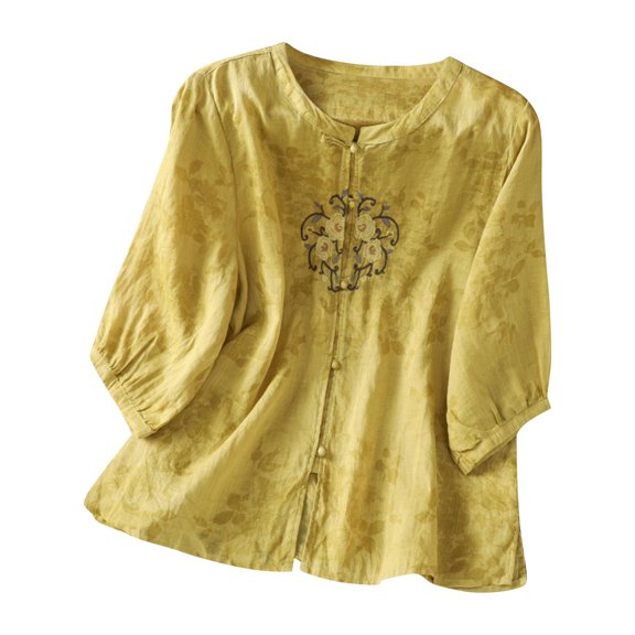 Yuanlook Womens Crew Neck Shirts Tops Casual 3/4 Sleeve Loose Fit Blouses Ruffle Sleeve Summer Tees - Yellow - M