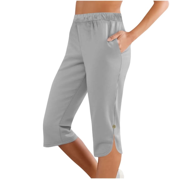Yuanlook Womens Drawstring Waist Capri Pants with Button & Slit Hem Casual Trousers Size S-XXL
