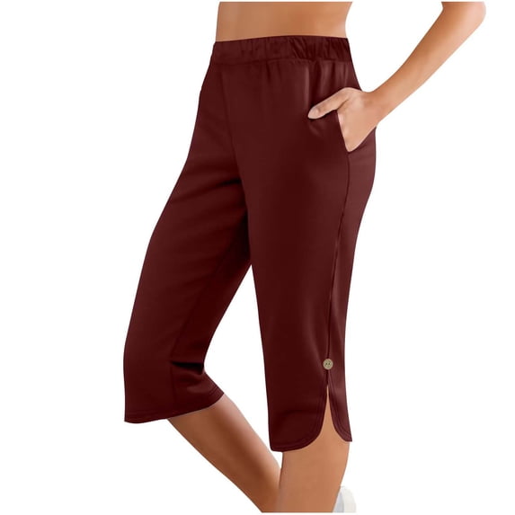 Yuanlook Womens Drawstring Waist Capri Pants with Button & Slit Hem Casual Trousers Size S-XXL
