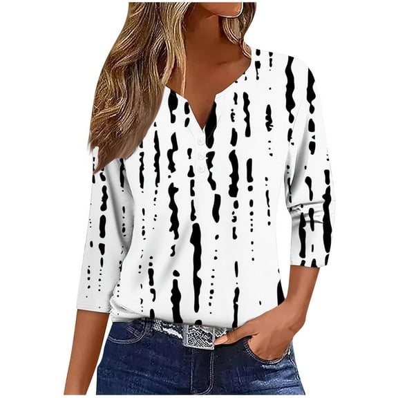 Yuanlook Womens Dressy V Neck Tops,3/4 Length Sleeve Casual Shirts Business Work Blouses Trendy Tunic Top - White - S