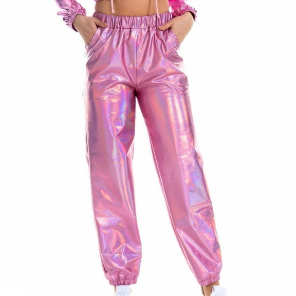 Yuanlook Womens Harem Pants,Shiny Metallic High Waist Stretchy Jogger Pants Cinch Bottom Cargo Pants - Pink - L