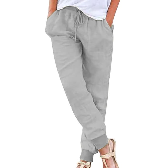 Yuanlook Womens High Waisted Cotton Linen Drawstring Jogger Pants Elastic Waist Casual Trousers with Pockets Size S-XXXL