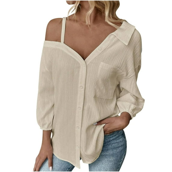 Yuanlook Womens Off Shoulder Tops Summer Asymmetrical Neck Shirts Short Sleeve Loose Blouses - Beige - M