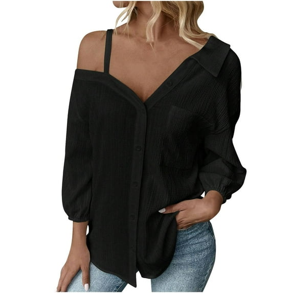 Yuanlook Womens Off Shoulder Tops Summer Asymmetrical Neck Shirts Short Sleeve Loose Blouses - Black - L