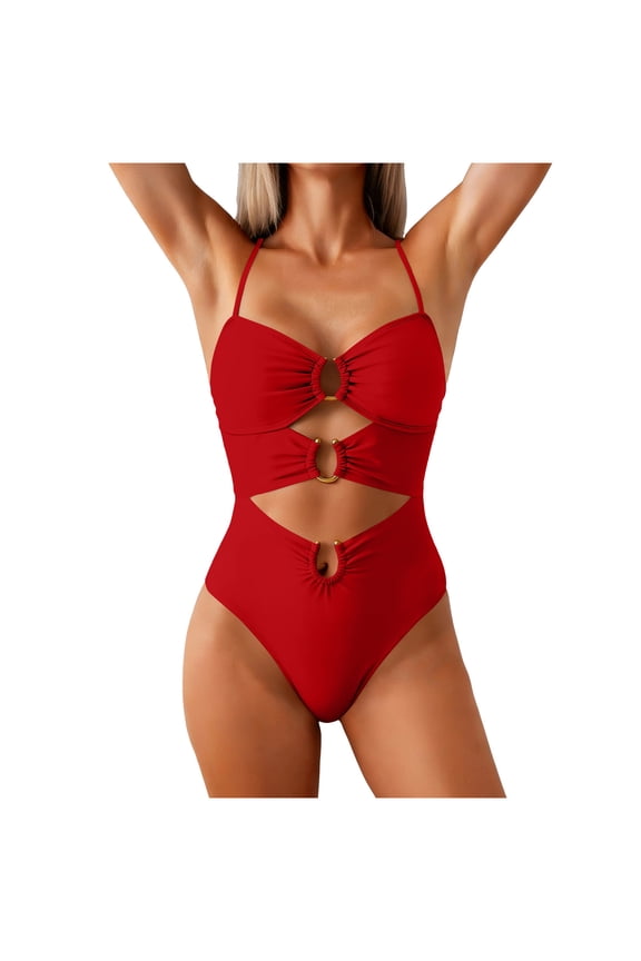 Womens One Piece Swimsuit Keyhole Cutout O Ring Textured Bathing Suit High Cut Leg for Summer Pool Beach Getaway - Red - XL