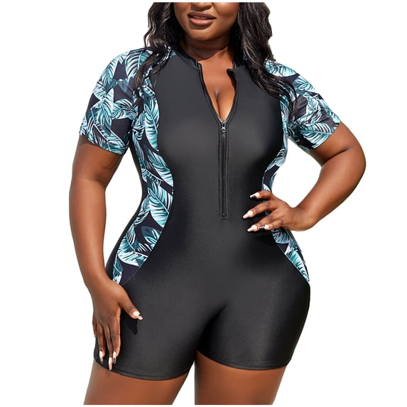 Yuanlook Womens One Piece Swimsuits Tummy Control Rash Guard Shorts Sleeve Bathing Suits with Zipper & Boyleg for Surfing Swimming,Black,XXXXL