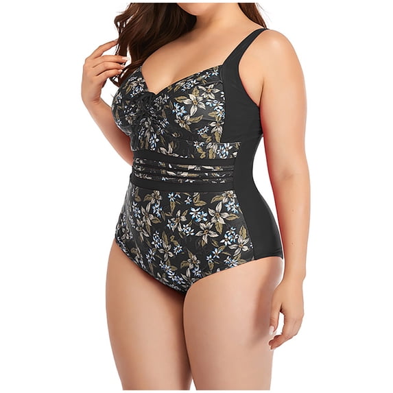 Yuanlook Womens Plus Size Bathing Suit Tummy Control One Piece V Neck Swimsuit Twist Front Ruched Swimwear,Black,XXXL