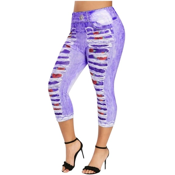 Yuanlook Womens Plus Size Distressed Print Capri Leggings High Waisted Casual Daily Party Cropped Trousers Size S-5XL