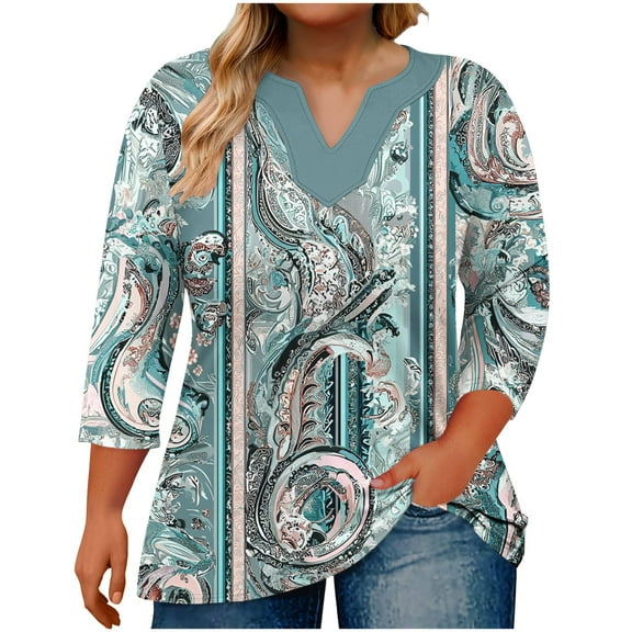 Yuanlook Womens Plus Size Tops 3/4 Length Sleeve Blouses V Neck Shirts Casual Loose Tunic Tops - Light Blue - L