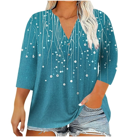 Yuanlook Womens Plus Size Tops V Neck T Shirts 3/4 Sleeve Blouse Summer Casual Tees - Blue - L