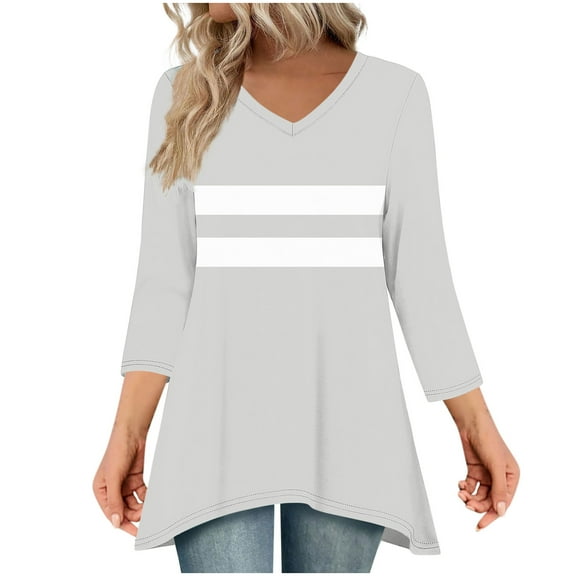 Yuanlook Womens Plus Size Tunic Top 3/4 Sleeve T-Shirt V-Neck Dressy Blouse Casual Pleated Pullover - Gray - L