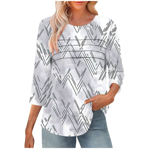 Yuanlook Womens Round Neck Tops 3/4 Length Sleeve Shirts Loose Fit Dressy Casual Shirts Tunic Top Cute Front Pleated Blouse - Silver - M