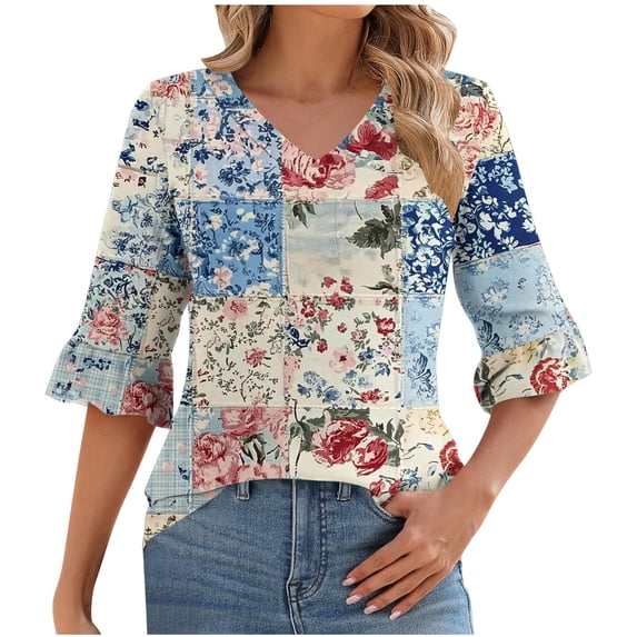 Yuanlook Womens Slim Fit Tops,3/4 Length Sleeve Shirts Loose Fit Casual Crew Neck Shirts Ruffle Tunic Blouses - Light Blue - L
