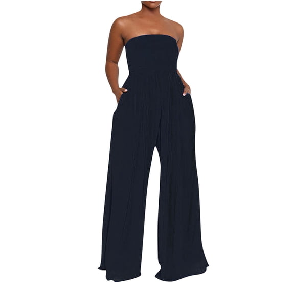 Yuanlook Womens Strapless Tube Top Jumpsuit Wide Leg Ruched Bust with Pockets Size S-XXL